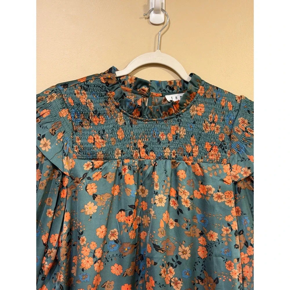 THML Floral Smocked Blouse Medium Green Orange Cottagecore Boho Romantic - Picture 3 of 5